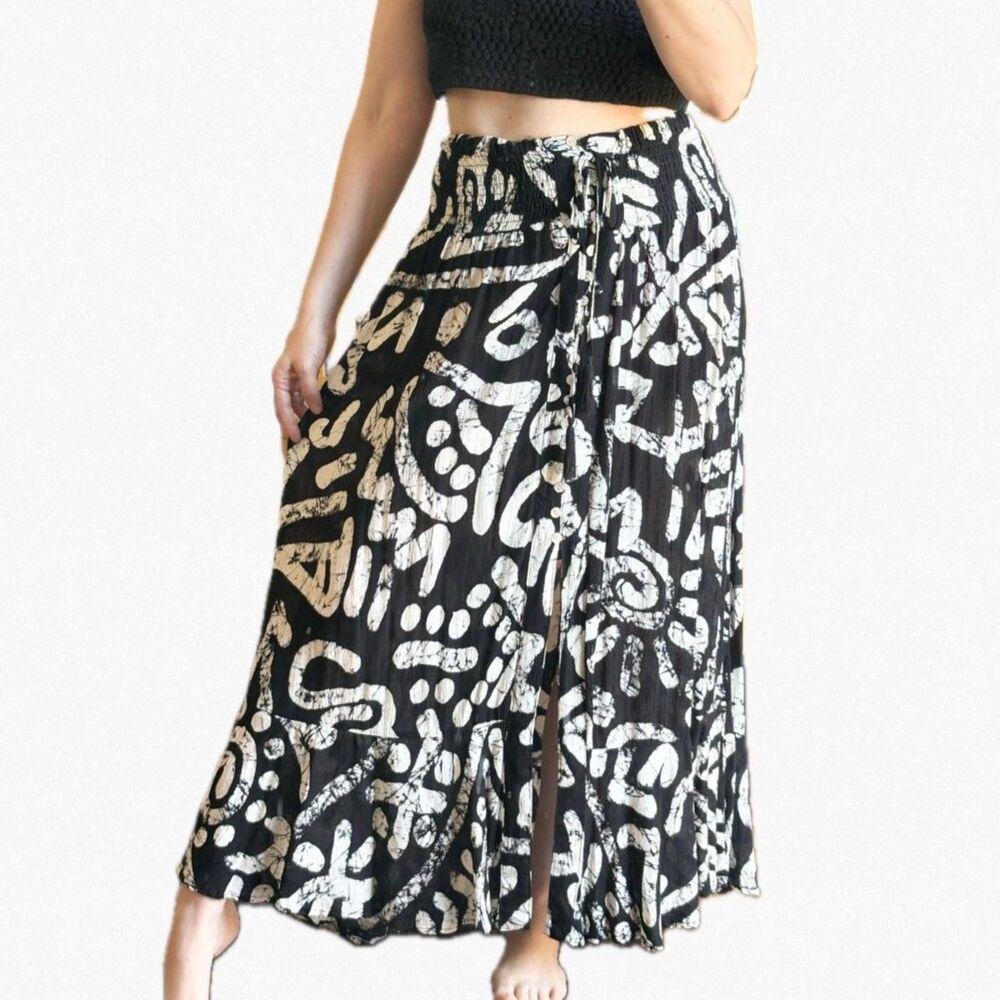 Haute Hippie Black White Batik Maxi Skirt S Smock Slit Abstract Boho Rayon Beach - Picture 2 of 9